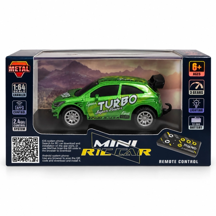 Zielony mini samochód RC 1:64 Turbo z pilotem w opakowaniu